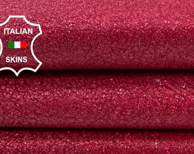Delivered Duty paid - METALLIC WINE RED Glittered Vintage Look Rough Italian Lamb leather skin 6sqf 1.0mm #C7586