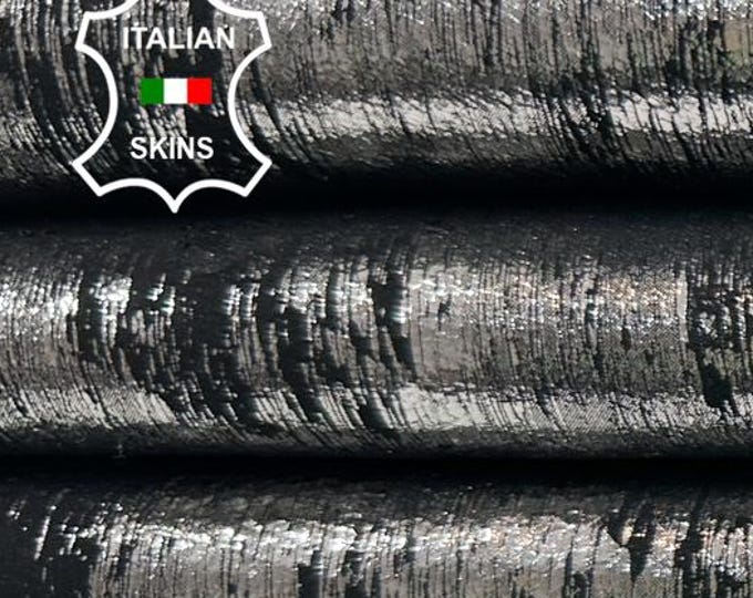 METALLIC LEAD CRACKED Distressed On Black Soft Italian Goatskin Goat leather hide hides skin skins 4+sqf 0.8mm #C3897