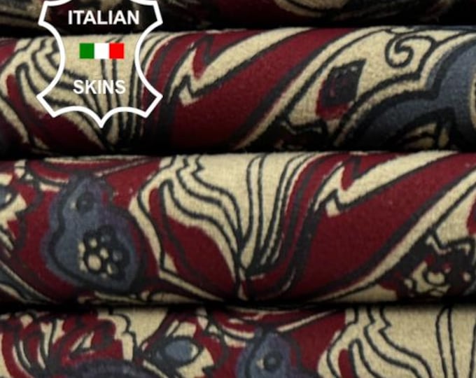 BLUE & RED PAISLEY Print On Beige Soft Italian Lambskin Sheep Lamb leather hide hides skin skins 4sqf 0.7mm #C4939