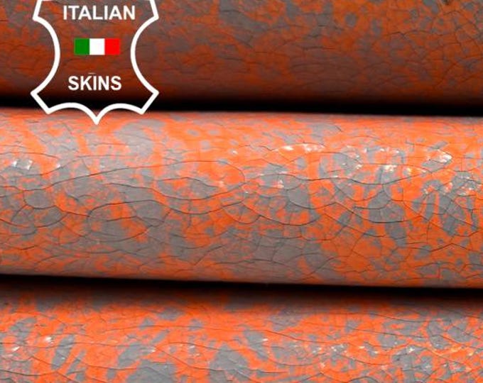 BRIGHT ORANGE CRACKED Grey Distressed Thick Italian Calfskin Calf Cow Leather hide hides skin skins 4+sqf 1.3mm #C6392