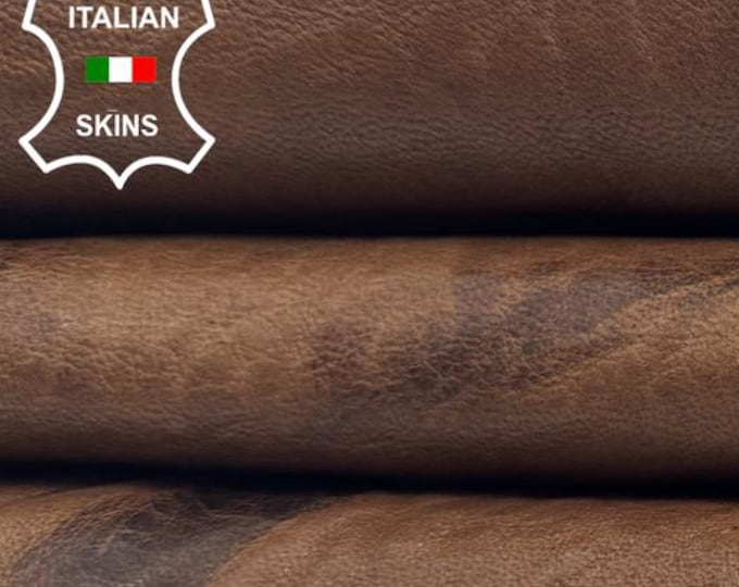 Delivered Duty Paid-BROWN RUSTIC ANTIQUED Vegetable Tan Thick Italian Lamb leather skin 5sqf 1.4mm #C6099