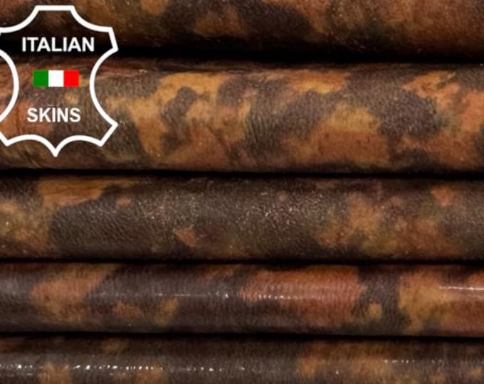Delivered Duty paid - PATENT BROWN CAMO Print Crinkled Thin Italian Lamb leather pack 2 skins total 12+sqf 0.6mm #C7543