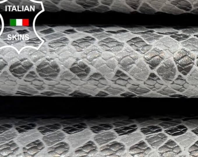 Delivered Duty Paid-METALLIC SILVER DISTRESSED Snake Scales Print On White Italian Calfskin leather skin 7+sqf 0.8mm #C6659