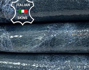 Delivered Duty Paid-SEA BLUE SHINY Distressed Antiqued Vintage Look Thick Italian Calf leather pack 2 skins total 18sqf 1.4mm #C6744