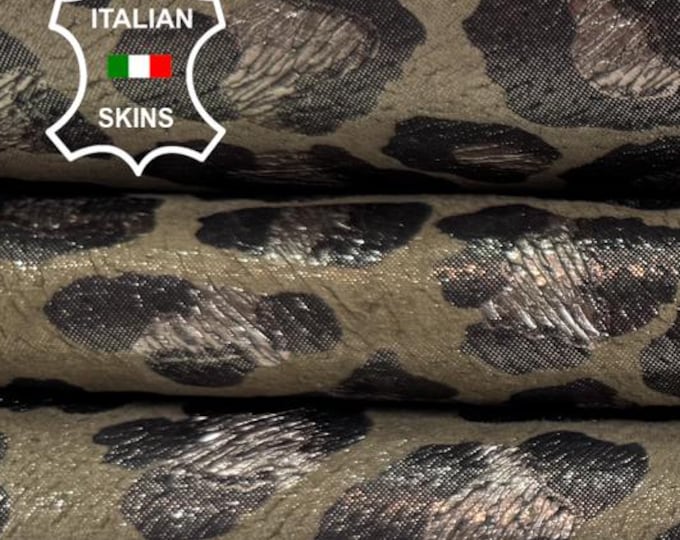 Delivered Duty Paid-GUNMETAL LEOPARD Print On OLIVE Italian Calfskin Cow leather skin 6+sqf 0.8mm #C6709