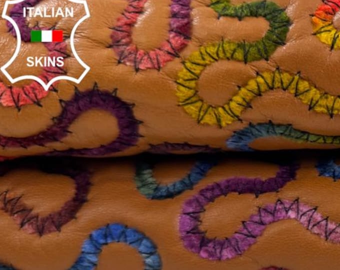 Delivered Duty Paid-MULTICOLOR EMBROIDERED On TAN Thin Soft Italian Lamb leather skin 3+sqf 0.5mm #C6824
