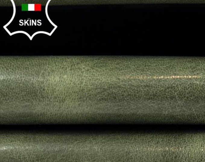 OLIVE GREEN WAXY Vintage Look Italian Lambskin Sheep Lamb leather hide hides skin skins 5sqf 0.8mm #C6481