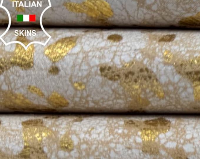 GOLD & WHITE CRACKED On Beige Soft Italian Calfskin Calf Cow Leather hide hides skin skins 6sqf 1.0mm #C6396