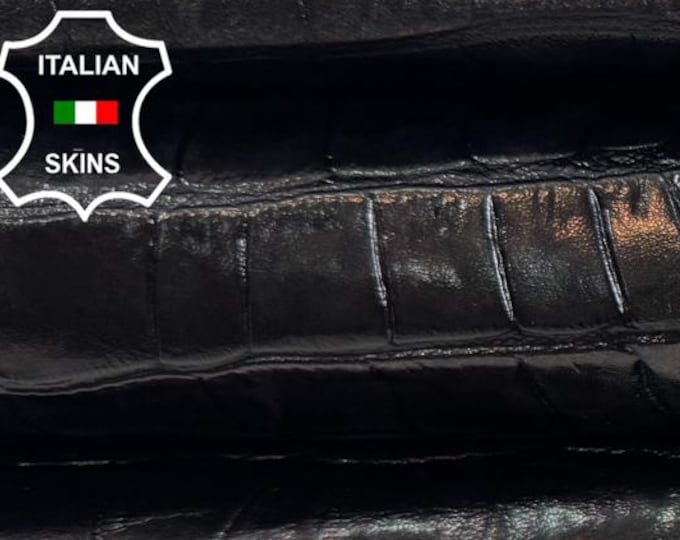 Delivered Duty paid - BLACK CROCODILE EMBOSSED Bronze Distressed Shiny Italian Goat leather skin 4sqf 0.7mm #Z315
