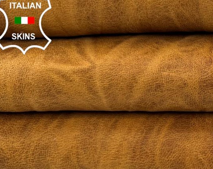 Delivered Duty Paid-MUSTARDY TAN VEGETABLE Tanned Waxy Vintage Look Italian Lamb leather skin 9sqf 0.9mm #C6818