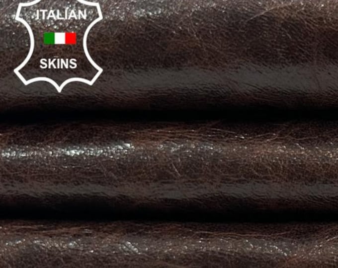 CHESTNUT BROWN ANTIQUED Shiny Crinkled Vegetable Tan Vintage Look Thin Soft Italian Lambskin Sheep leather hides skins 6+sqf 0.6mm #C4070