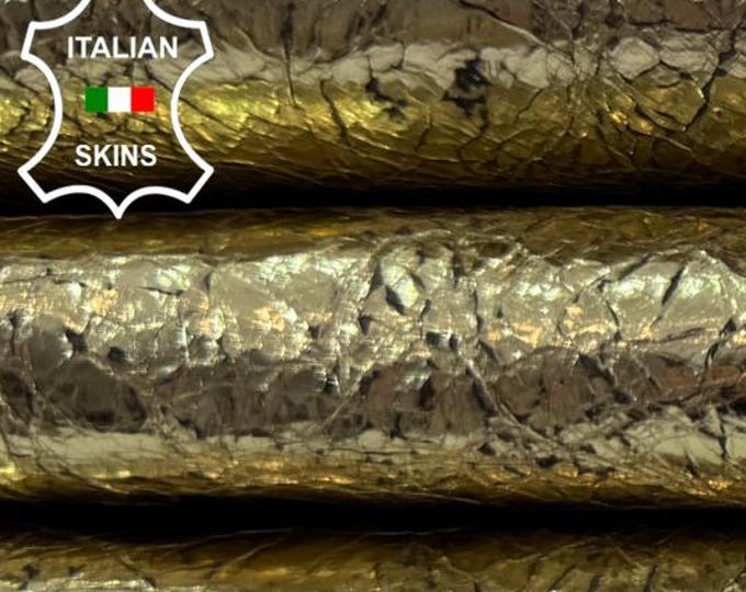 METALLIC GOLD CRINKLED Antiqued Italian Lambskin Sheep Lamb Leather hide hides skin skins 6+sqf 0.8mm #C6307