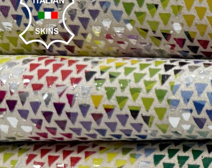 Delivered Duty Paid-MULTICOLOR SHAPES PRINT On White Soft Italian Calfskin Cow leather skin 8sqf 1.0mm #C6677