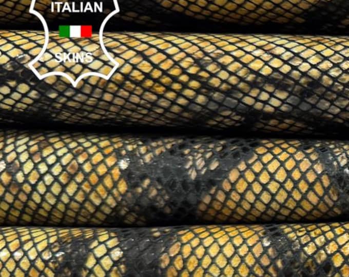 Delivered Duty Paid-MUSTARD PYTHON SNAKE Print On Thick Italian Calfskin Cow Calf leather pack 2 skins total 14sqf 1.3mm #C6650