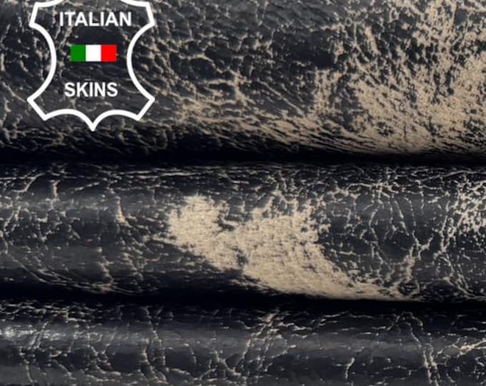 BLACK CRACKED VINTAGE Look Shiny Soft Italian Lambskin Sheep Lamb leather hide hides skin skins 6sqf 0.8mm #C6089