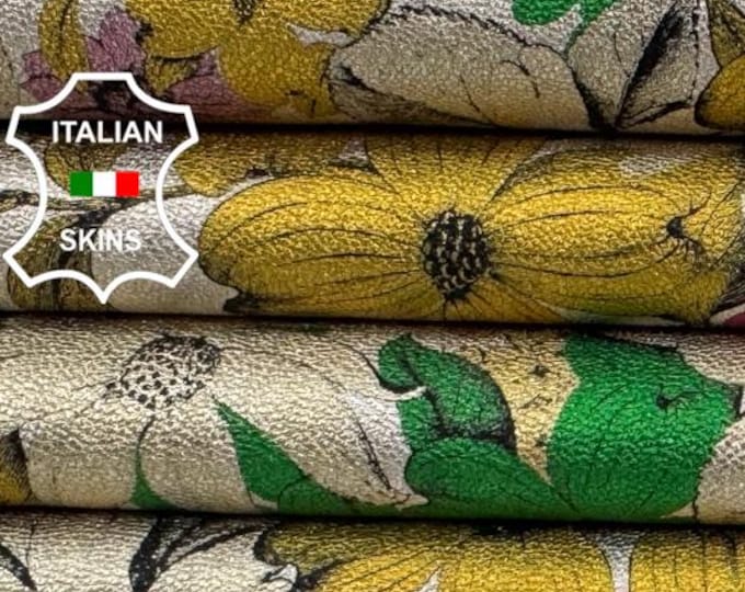 Delivered Duty paid - METALLIC MULTICOLOR FLOWERS Print On Platinum Thick Soft Italian Lamb leather skin 8+sqf 1.2mm #Z359