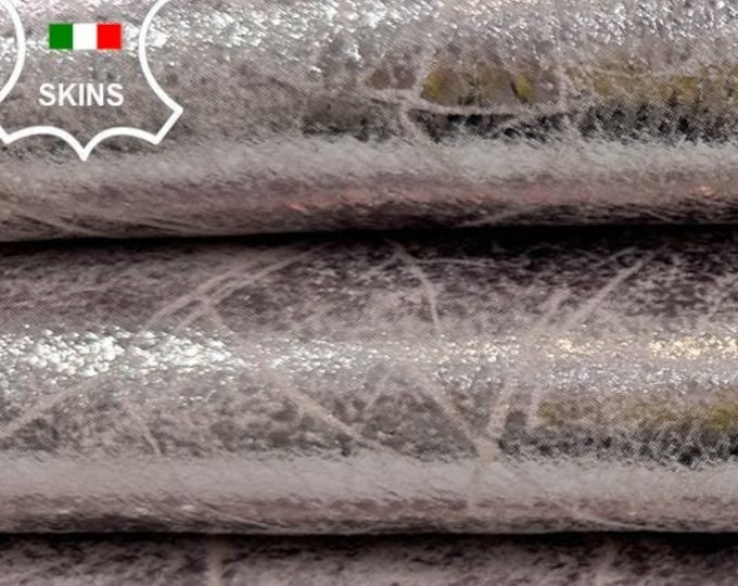 METALLIC SILVER Distressed Cracked On Nude Thick Italian Goatskin Goat Leather hide hides skin skins 3+sqf 1.2mm #C2511