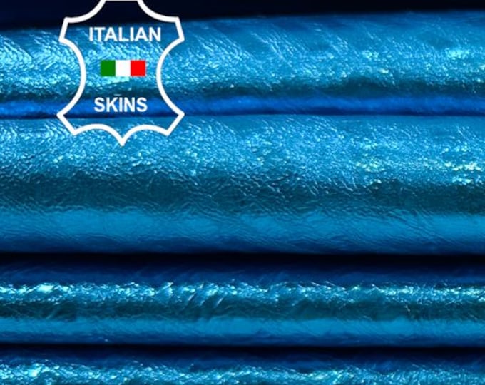 METALLIC AZURE BLUE Zebra Textured Print On Italian Lambskin Sheep Lamb leather pack 3 hides skins total 18sqf 0.8mm #C5624