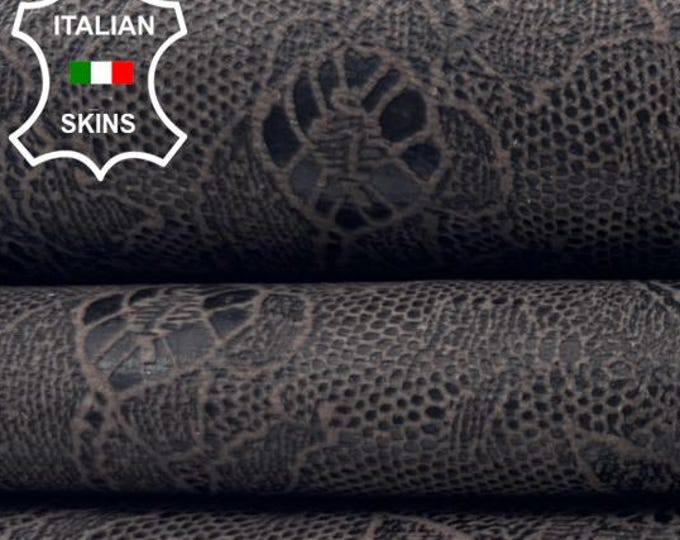 DARK BROWN PAISLEY Flowers Print Vintage Look Thin Italian Goatskin Goat Leather hide hides skin skins 5sqf 0.6mm #C6254