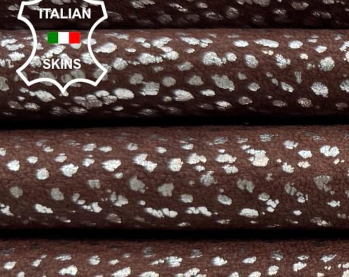 Delivered Duty Paid-METALLIC SILVER GRAIN Distressed On Brown Soft Italian Lambskin leather  skin  8sqf 0.7mm #C6628