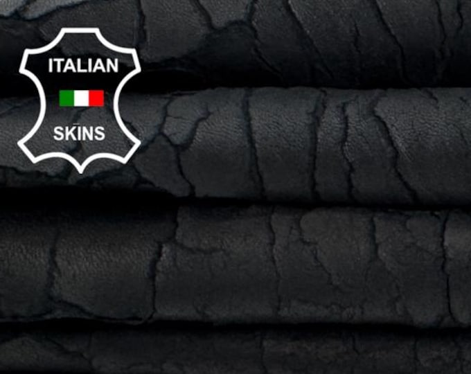 Delivered Duty paid - BLACK DRY MUD Naturally Cracked Vegetable Tan Italian Lamb leather pack 2 skins total 12+sqf 1.0mm #C7911