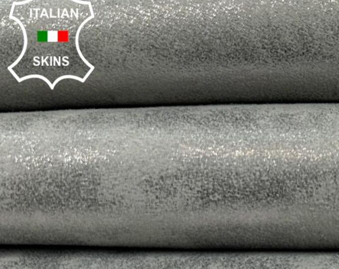 METALLIC SILVER SHIMMER Distressed On Grey Vintage Look Soft Italian Goatskin Goat Leather hide hides skin skins 3+sqf 0.8mm #C4793