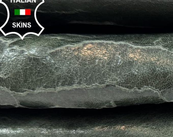 DRY MUD ARMY Green Naturally Cracked Vintage Look Italian Lambskin Sheep Lamb leather hide hides skin skins 7sqf 1.0mm #C6167