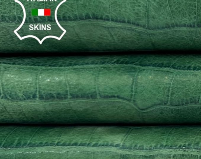 Delivered Duty Paid-GREEN DISTRESSED VEGETABLE Tan Crocodile Print On Italian Calf leather skin 7sqf 0.9mm #C6755