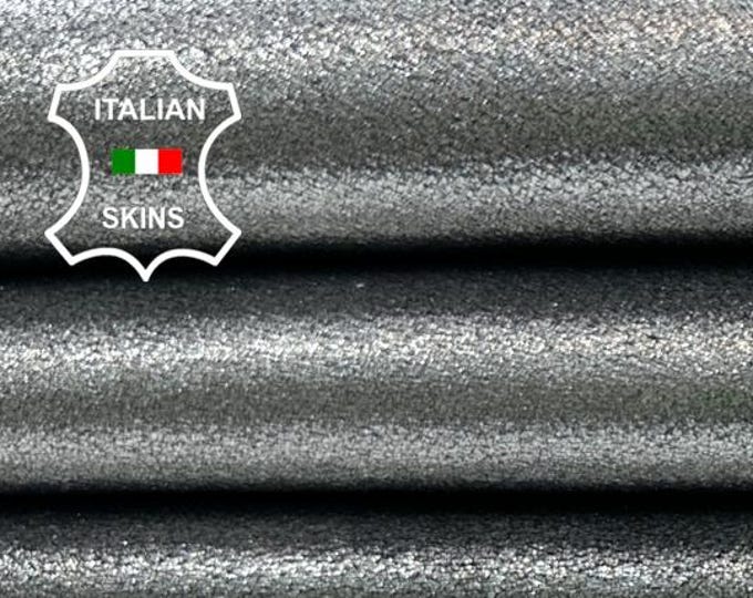 METALLIC SILVER STEEL Cracked Antiqued On Black Thick Soft Italian Lambskin Sheep Lamb leather hide hides skin skins 4+sqf 1.1mm #C4433