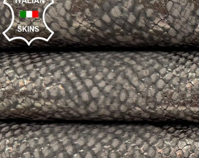 Delivered Duty Paid-METALLIC GUNMETAL Snake Print On GREY Soft Italian Calf leather skin 5+sqf 0.7mm #C6741