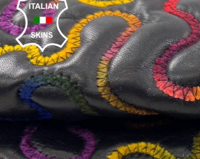 Delivered Duty Paid-MULTICOLOR EMBROIDERED On BLACK Thin Soft Italian Lamb leather skin 2+sqf 0.6mm #C6826