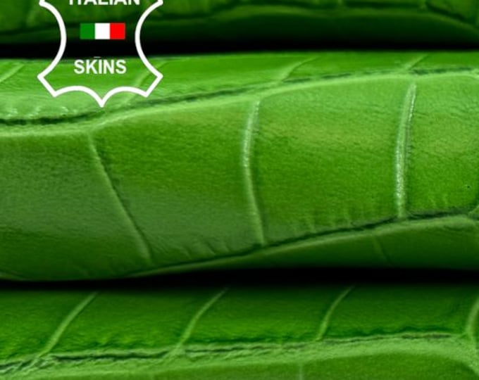 Delivered Duty Paid-GREEN CROCODILE PRINT On Thin Italian Calf leather skin 6sqf 0.6mm #C6749