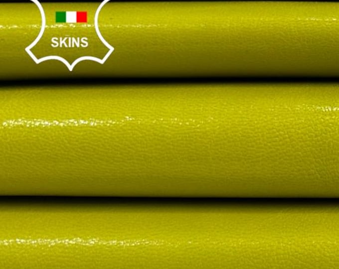 ACID YELLOWISH GREEN Shiny Strong Italian Goatskin Goat Leather pack 2 hides skins total 6sqf 0.8mm #C4769