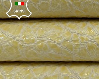 Delivered Duty Paid-YELLOW CRINKLED PATENT Shiny Thick Italian Lambskin  Lamb leather skin 6sqf 1.2mm #C6588