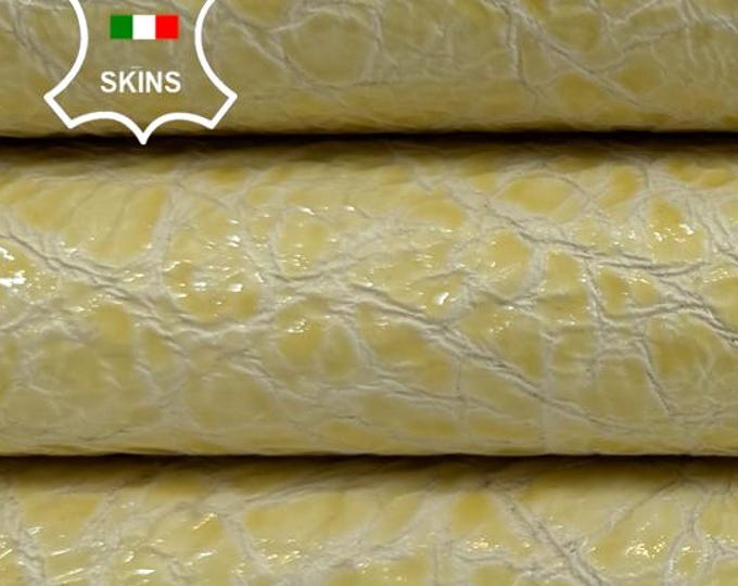 YELLOW CRINKLED PATENT Shiny Thick Italian Lambskin Sheep Lamb leather hide hides skin skins 6sqf 1.2mm #C6588