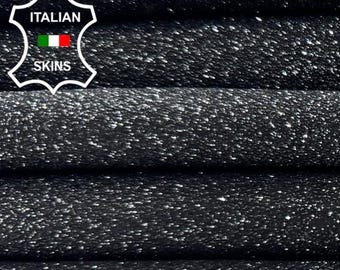 Delivered Duty Paid-SILVER GLITTERED PRINT On Black Shimmer Thick Italian Goat leather pack 3 skins total 6+sqf 1.3mm #C7028