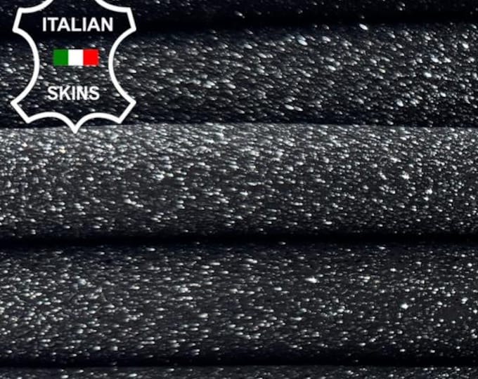 Delivered Duty Paid-SILVER GLITTERED PRINT On Black Shimmer Thick Italian Goat leather pack 3 skins total 6+sqf 1.3mm #C7028