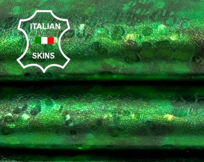 Delivered Duty paid - METALLIC EMERALD GREEN Print Distressed Italian Goat leather skin 4sqf 0.8mm #Z314