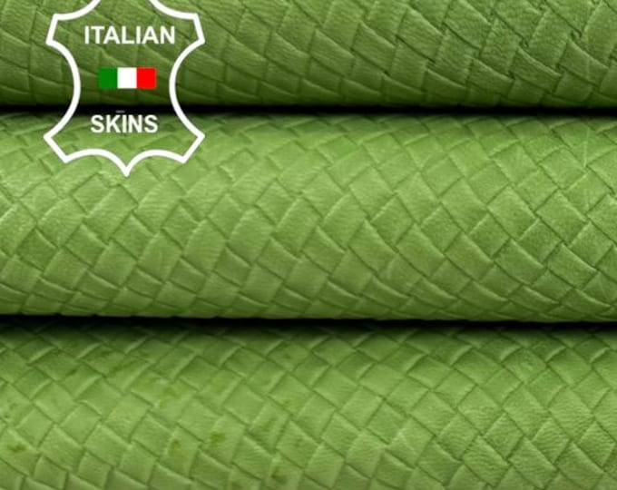 Delivered Duty paid - NATURAL GREEN WOVEN Textured Embossed Italian Goat leather skin 5+sqf 0.8mm #Z312
