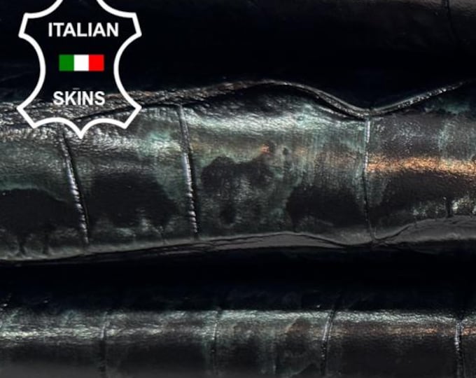 Delivered Duty paid - BLACK CROCODILE EMBOSSED Teal Distressed On Thin Strong Italian Goat leather skin 4sqf 0.5mm #Z313
