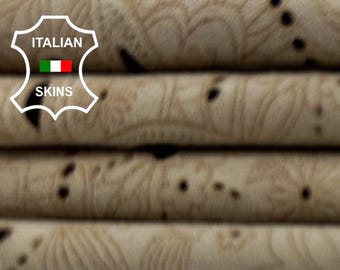 BEIGE SUEDE FLOWERS Laser Engraved Thin Soft Italian Lambskin Sheep Lamb leather hide hides skin skins 3+sqf 0.6mm #C5035