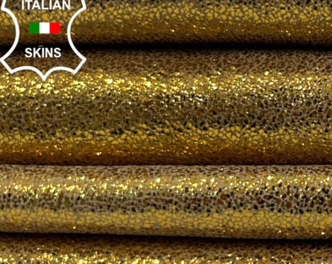 METALLIC YELLOW GOLD Cracked Shimmer Soft Italian Lambskin Sheep Lamb leather pack 3 hides skins total 18sqf 0.9mm #C5629