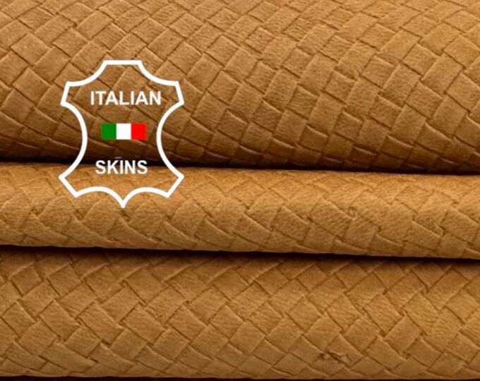 Delivered Duty paid - SANDY TAN  WOVEN Textured Embossed Vegetable Tan  Thin Italian Lamb leather pack 2 skins total 12+sqf 0.6mm #Z345