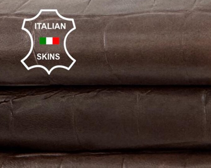 Delivered Duty paid - NATURAL BROWN ANTIQUED Crocodile Embossed On Vegetable Tan Italian Goat leather skin 9sqf 0.8mm #Z447