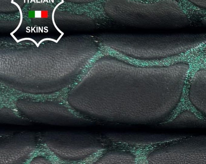 Delivered Duty Paid-BLACK SHELLS EMBOSSED On Pearlised Green Italian Calf leather skin 6sqf 1.0mm #C6748