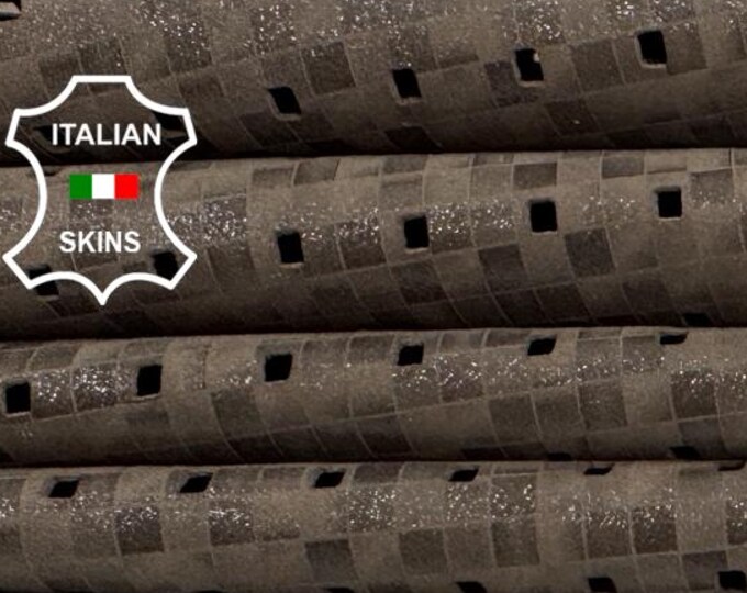 Delivered Duty paid - BROWN PERFORATED PRINTED Thin Soft Italian Lamb leather skin 5sqf 0.6mm #Z445