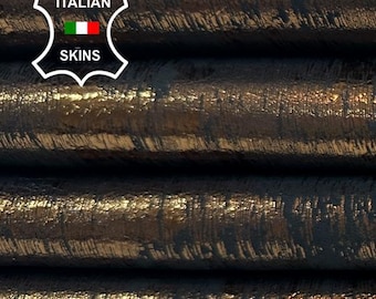 Delivered Duty Paid-METALLIC BRONZE CRACKED On Black Soft Italian Lambskin Sheep Lamb leather skin 6sqf 0.7mm #C3982