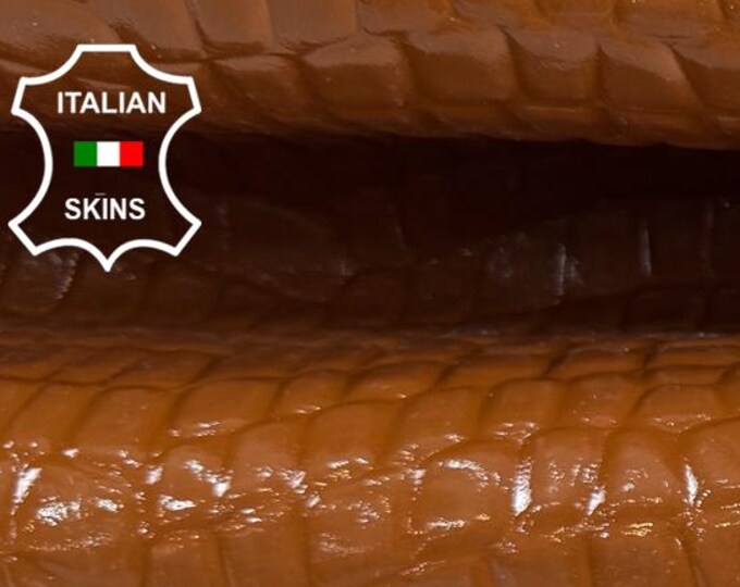 Delivered Duty paid - CARAMEL BROWN PATENT Shiny Crocodile Embossed on Strong Italian Goat leather skin 4+sqf 0.8mm #Z338