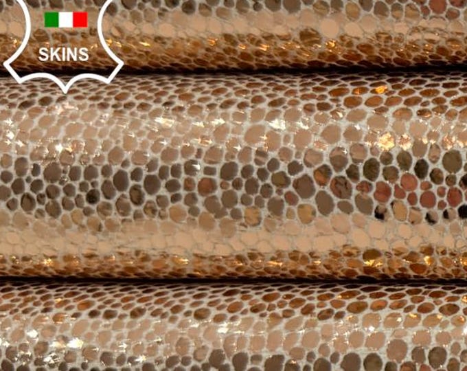 Delivered Duty Paid-METALLIC ROSE GOLD Crinkled Shiny Reptile Print On Vegetable Tan Italian Calf leather skin 7+sqf 0.8mm #C6731