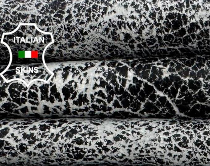Delivered Duty paid - VERY VINTAGE BLACK On White Soft Italian Lamb leather skin 5sqf 1.0mm #Z455